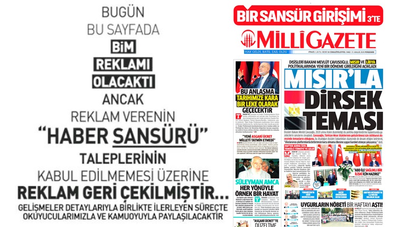Milli Gazete Verdigi Reklami Geri Ceken Bim I Ilanla Ifsa Etti Haber Sansuru Istediler
